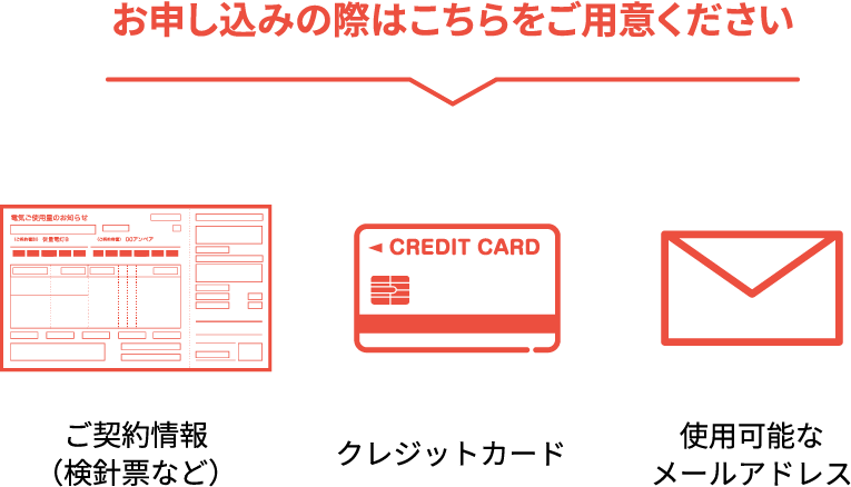 お申し込みの際は電気使用量のお知らせ、クレジットカード、ポイントカード、使用可能なメールアドレスをご用意ください
