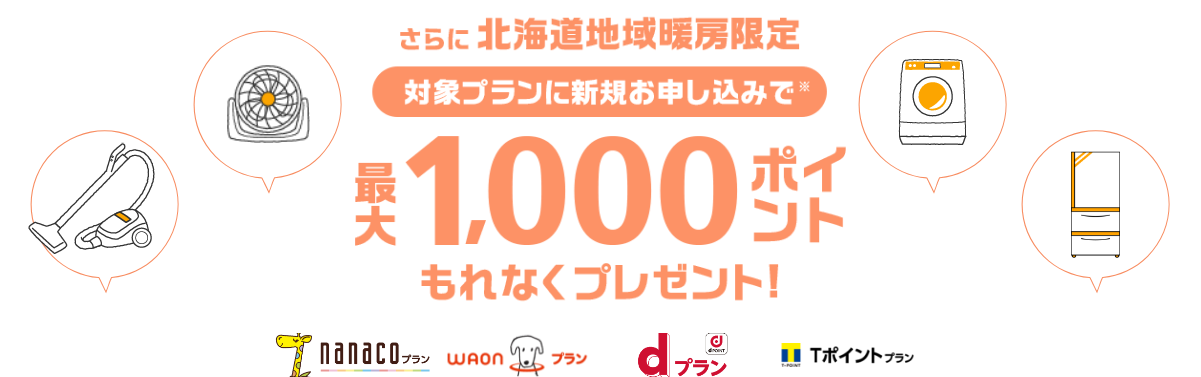 さらに北海道地域暖房限定、対象プランに新規お申し込みで※最大1000ポイントもれなくプレゼント