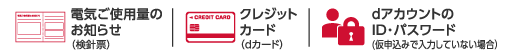 クレジットカード（dカード）、電気ご使用量のお知らせ（検針票）、dアカウントのID・パスワード（仮申込みで入力していない場合）