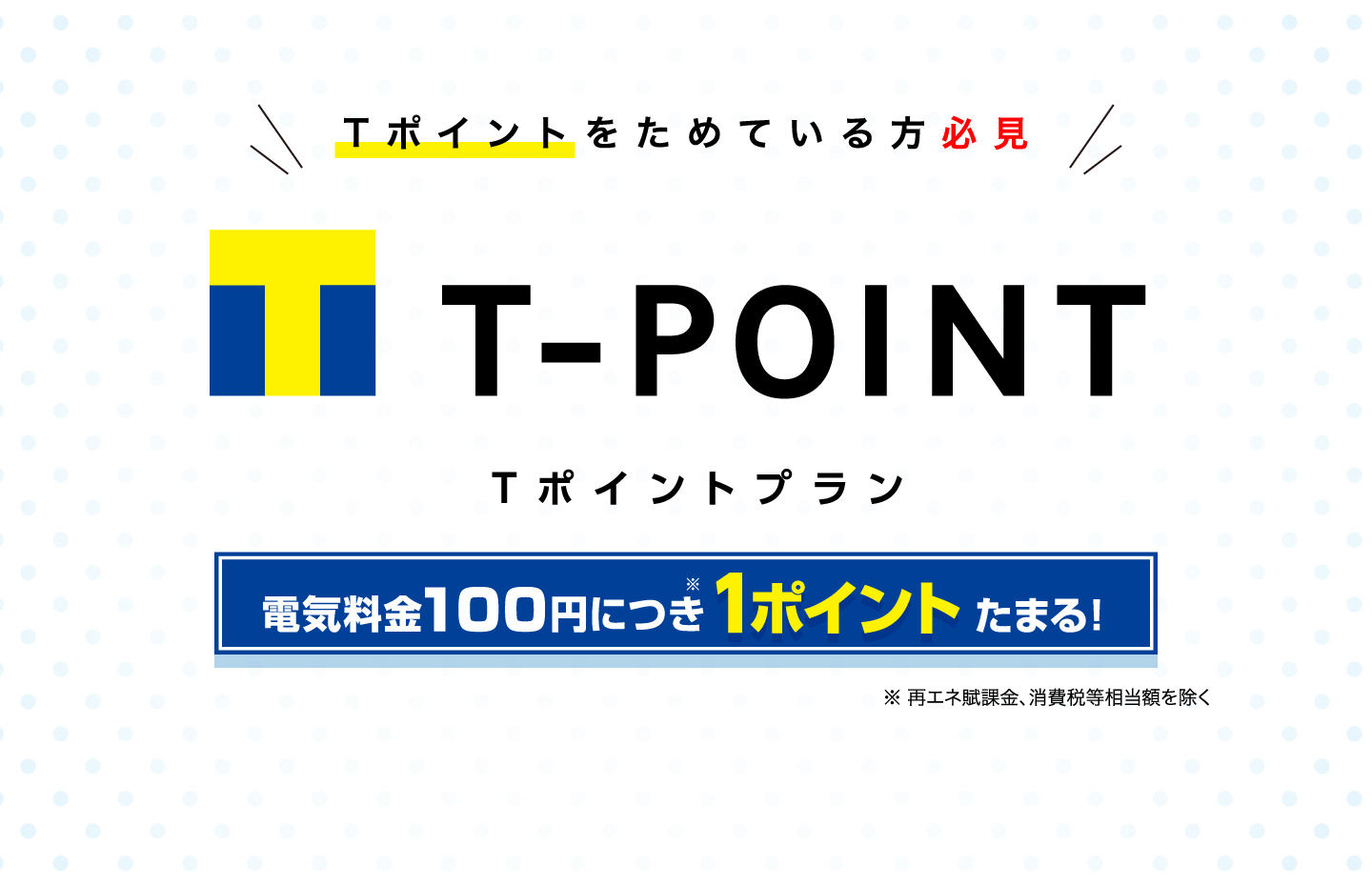 月々の電気代をおトクに！ さらにTポイントもたまる！電気料金100円につき※1ポイントたまる！詳しくはTポイントプランページへ