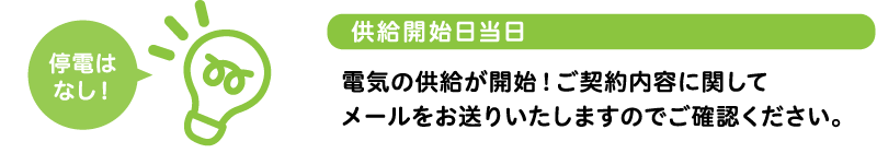 供給開始日当日電気の供給が開始！ご契約内容に関してメールをお送りいたしますのでご確認ください。