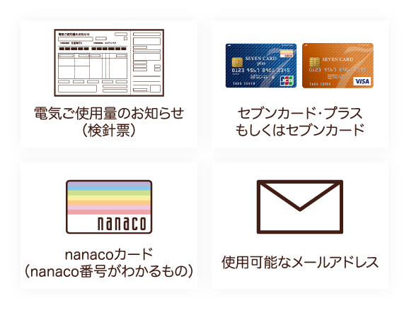 電気ご使用量のお知らせ（検診票）、セブンカードプラスもしくはセブンカード、nanacoカード（nanaco番号のわかるもの）、使用可能なメールアドレス
