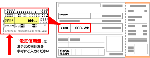 「電気使用量」はお手元の検針票を参考にご入力ください