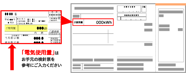 「電気使用量」はお手元の検針票を参考にご入力ください