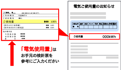 「電気使用量」はお手元の検針票を参考にご入力ください