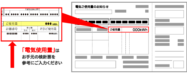 「電気使用量」はお手元の検針票を参考にご入力ください