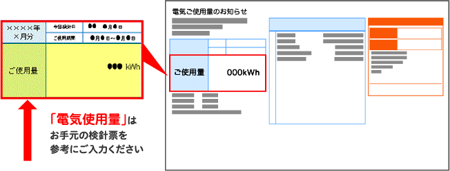 「電気使用量」はお手元の検針票を参考にご入力ください