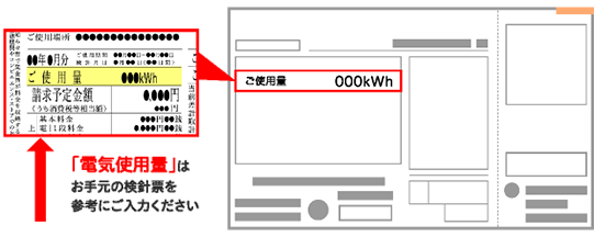 「電気使用量」はお手元の検針票を参考にご入力ください