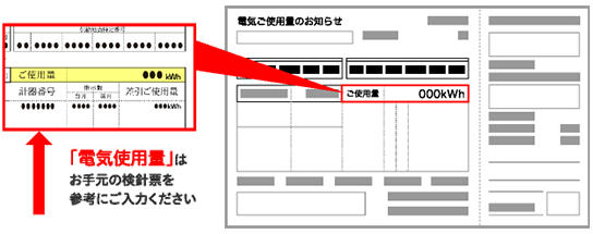 「電気使用量」はお手元の検針票を参考にご入力ください