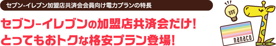 とってもおトクな
格安プラン登場!セブン-イレブンの加盟店共済会だけ!